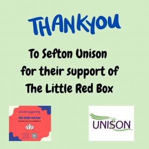 Little Red Box : Period Poverty : Thank you sign.to Sefton Unison
