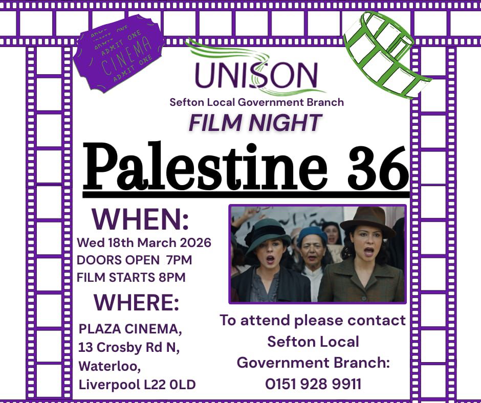 Protional Poster for Palestine 36 film being screened by Sefton UNISON at the Crosby Plaza Cinema.